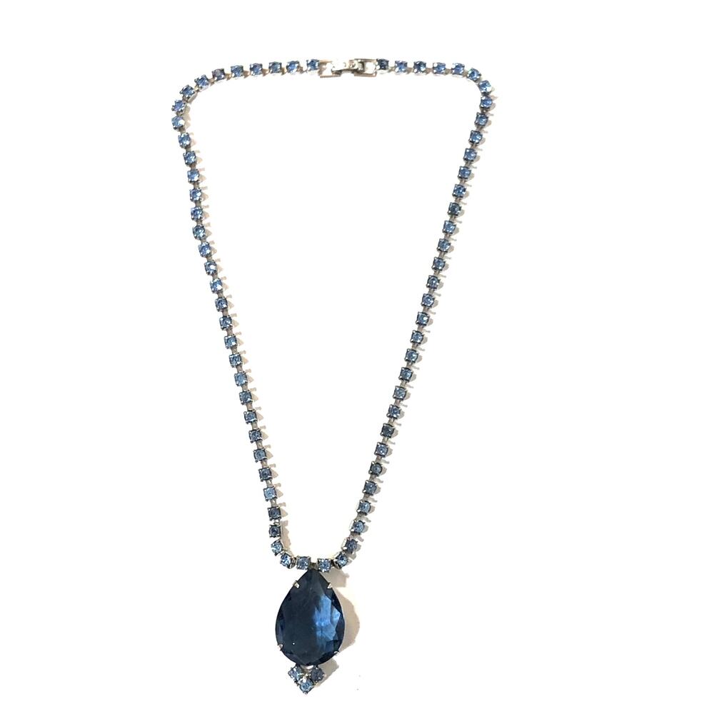 Blue Rhinestone and Glass Necklace Vintage Retro Choker Glamour Wedding Prom